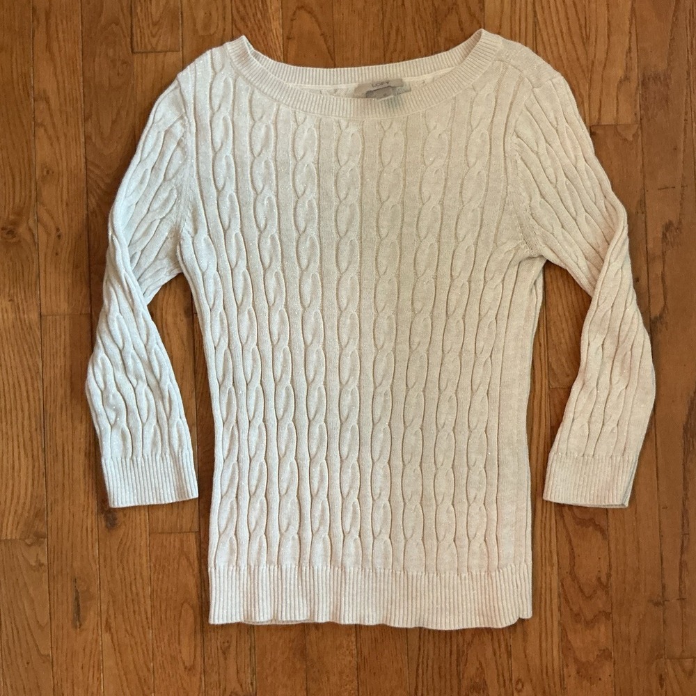 Ann Taylor LOFT Cream Cable‎ Knit Sweater 3/4 Sleeve Metallic Sparkle Women's M